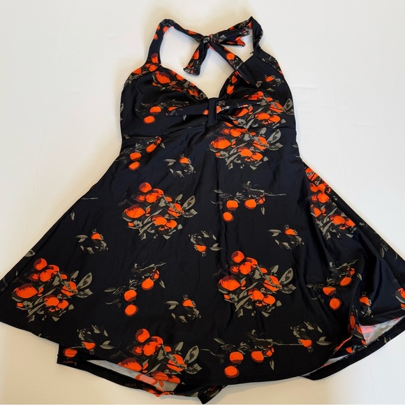Cocoship Black Orange Print Tie Halter Swimdress 3XL - Picture 9 of 11